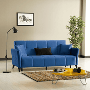 Divano Levy 3 posti in tessuto blu con contenitore e letto