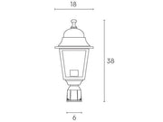 Testa-palo in alluminio pressofuso con diffusori in vetro trasparente, diametro 60 mm, altezza max lampada 170mm, alimentazione 230 V ~ 50 Hz, potenza massima lampade 60W biancoargento