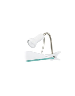 Lampada da scrivania con braccio snodabile e pinza, colore bianco, marca Fabio Eglo.