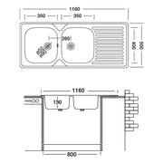 Lavello cucina due vasche acciaio da incasso  gocciolatoio a dx 50x116 cm