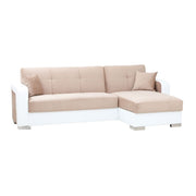 Divano letto ecolpelle bianco e tessuto beige con penisola a destra 240x140xh.88 cm