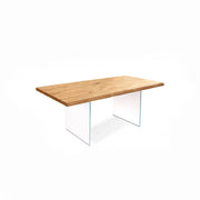 Tavolo in rovere impiallacciato e gambe in vetro temperato 160x76h cm