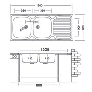 Lavello cucina due vasche con gocciolatoio dx acciaio da appoggio 50x120 cm(N127DX) EFFEZ