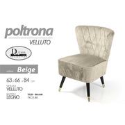 Poltrona da camera  in velluto beige  cm 63 x 66 x 84 h