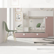Cameretta con letto a castello e letto estraibile con armadio integrato colore bianco consumato e rosa antico
